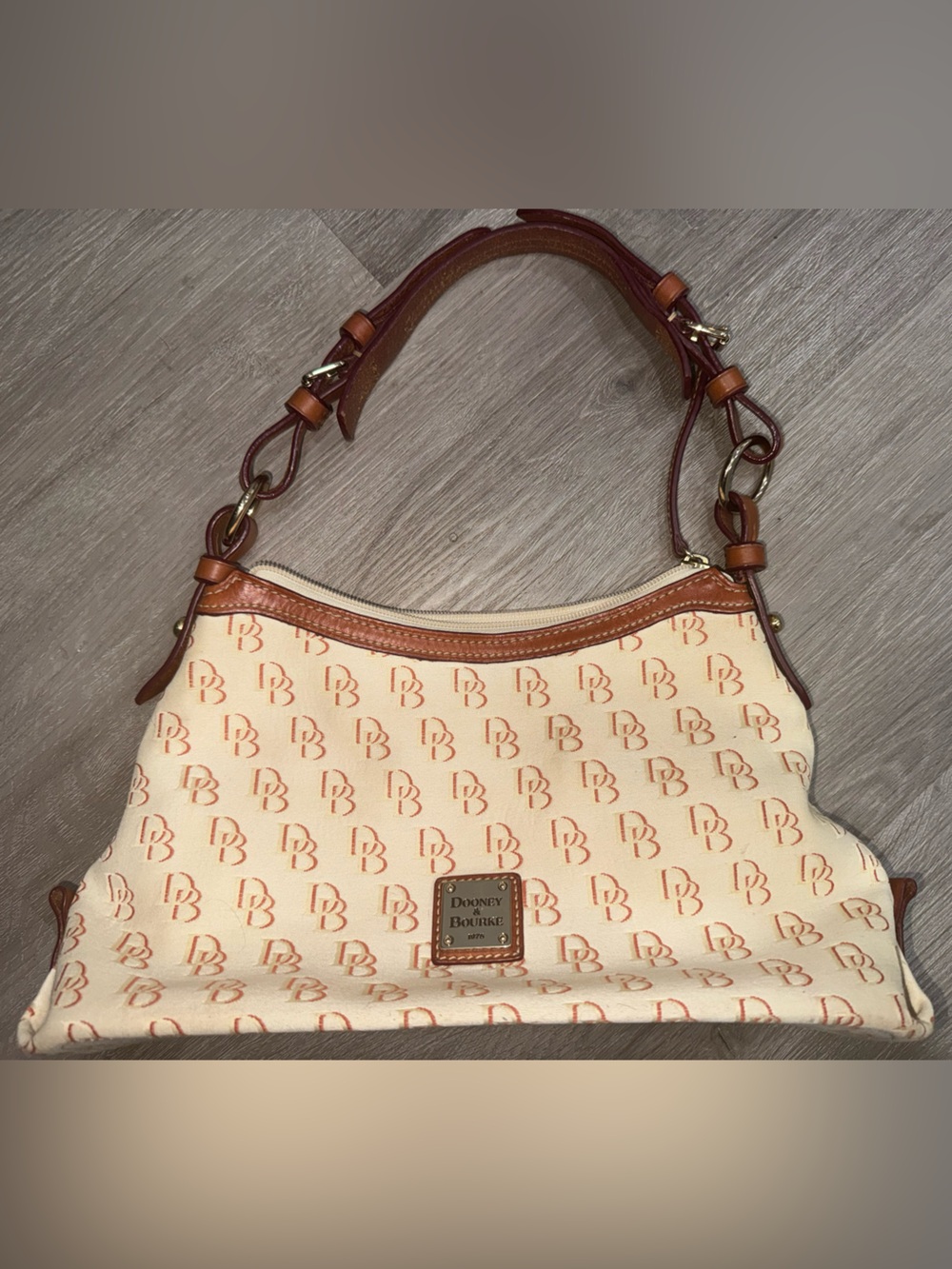 Dooney & Bourke Cream Logo-Print Shoulder Bag with Brown Leather Trim